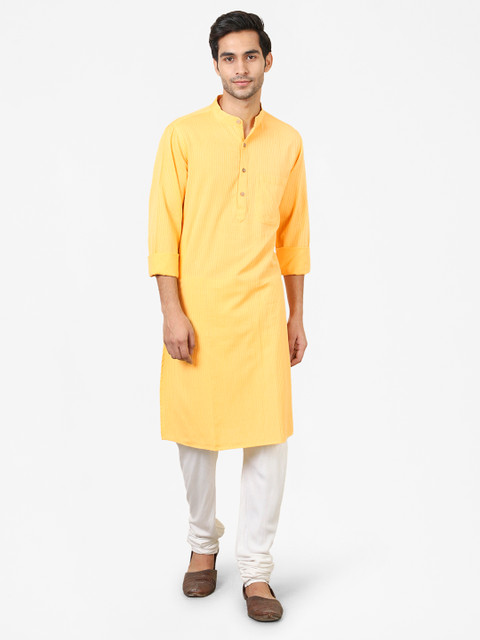 

Fabindia Men Yellow Striped Dobby Weave Pure Cotton Slim Fit Straight Kurta