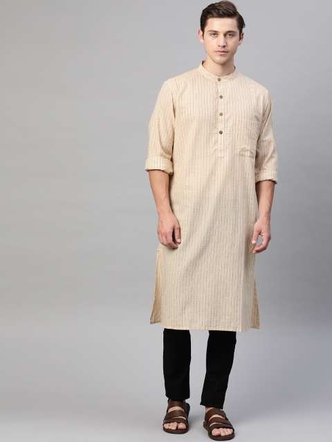 

Fabindia Men Beige & Black Striped Thread Work Cotton Kurta