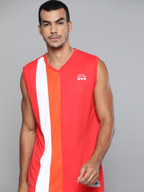 

HRX by Hrithik Roshan Men Coral Red Striped Anti-Static Rapid-Dry Basketball T-shirt