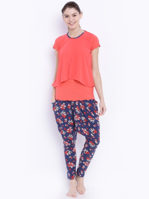 

SDL by Sweet Dreams Women Coral Orange & Navy Printed Night Suit