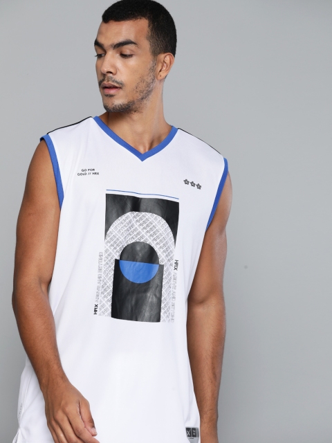 

HRX by Hrithik Roshan Men White & Blue Graphic Anti-Static Rapid-Dry Basketball T-shirt