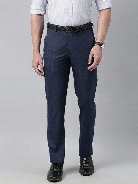 

Louis Philippe Men Navy Blue Slim Fit Checked Formal Trousers