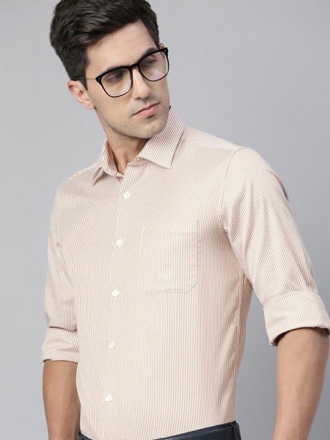 

Louis Philippe Men Mustard Brown & White Pure Cotton Slim Fit Striped Formal Shirt