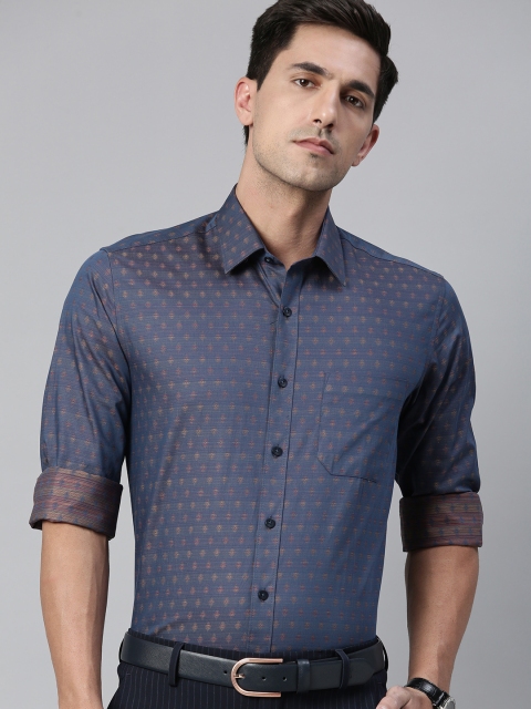 

Louis Philippe Men Navy Blue & Yellow Slim Fit Abstract Print Pure Cotton Formal Shirt
