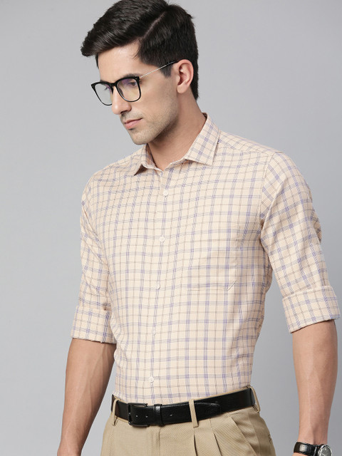 

Louis Philippe Men Cream-Coloured & Blue Slim Fit Checked Pure Cotton Formal Shirt