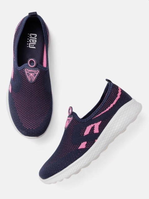 

Crew STREET Women Navy Blue & Pink Woven Design Walking Shoes