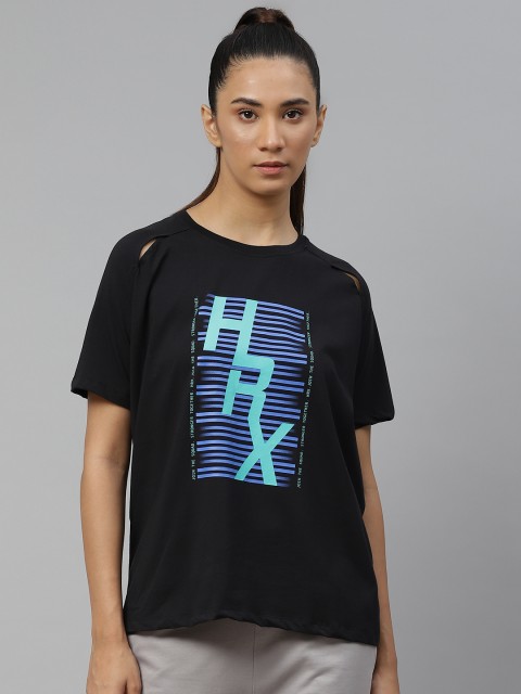 

HRX by Hrithik Roshan Women Black & Blue Printed Bio-Wash Lifestyle T-shirt