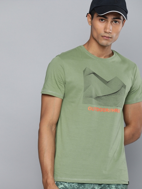 

HRX by Hrithik Roshan Men Green Orange Printed Pure Cotton T-shirt