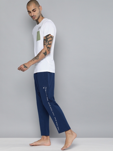 

HRX By Hrithik Roshan Men Estate Blue Typographic Organic Cotton Yoga Sustainable Track Pants, Navy blue