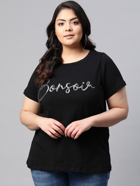 

DOROTHY PERKINS Women Curve Black Embellished Round Neck T-shirt