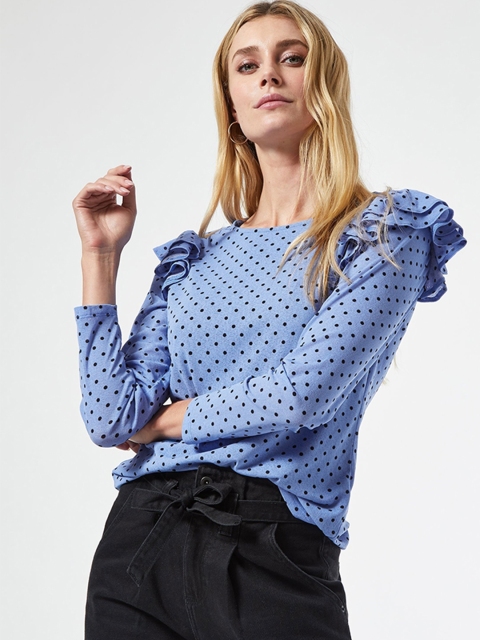 

DOROTHY PERKINS Blue & Black Polka Dots Printed Top