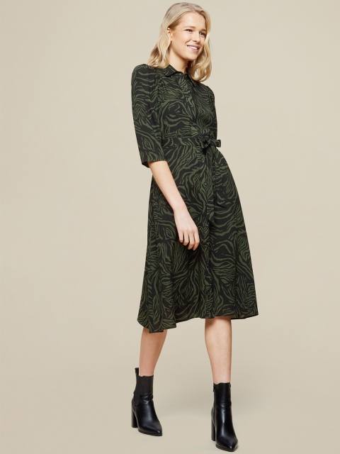 

DOROTHY PERKINS Women Green & Black Animal Print Shirt Dress