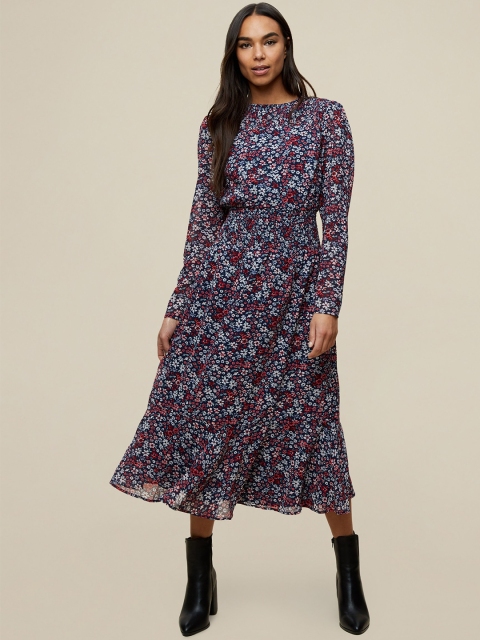 

DOROTHY PERKINS Women Navy Blue & Pink Floral Print Smocked A-Line Dress