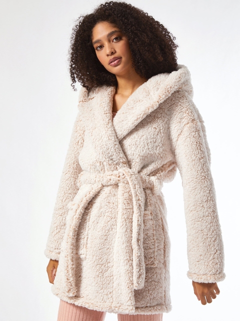 

DOROTHY PERKINS Women Off-White Solid Hooded Faux Fur Sherpa Robe with Belt