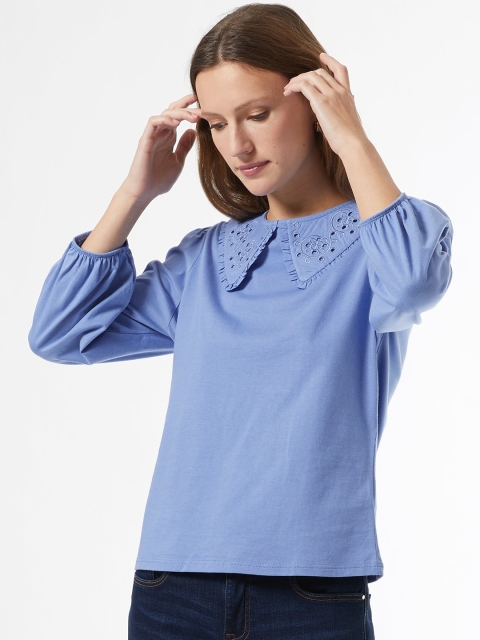 

DOROTHY PERKINS Blue Pure Cotton Peter Pan Collar Puff Sleeves Solid Top