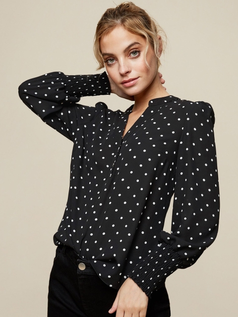 

DOROTHY PERKINS Petite Black & White Polka Dots Print Mandarin Collar Puff Sleeves Top