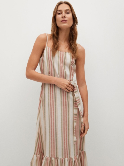 

MANGO Women Beige Striped Shift Dress