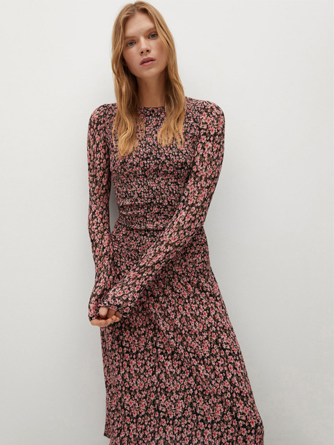 

MANGO Women Black & Pink Floral Print Sustainable A-Line Dress