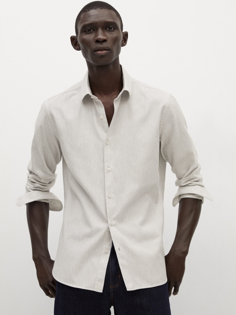 

MANGO MAN Grey Solid Slub Effect Cotton Slim Fit Sustainable Casual Shirt