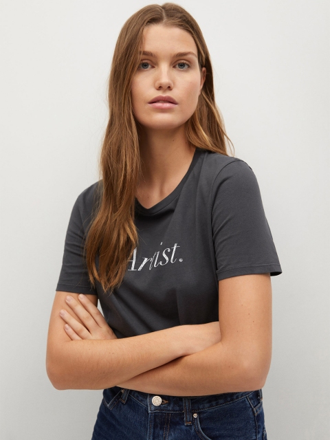 

MANGO Women Charcoal Grey White Typography Print Pure Cotton Sustainable Pure Cotton T-shirt