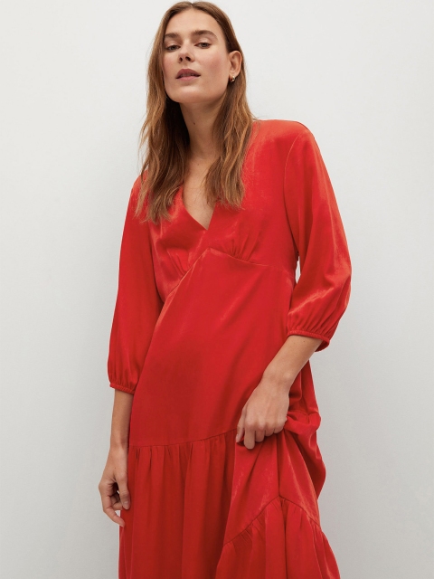 

MANGO Women Red Solid A-Line Tiered Dress