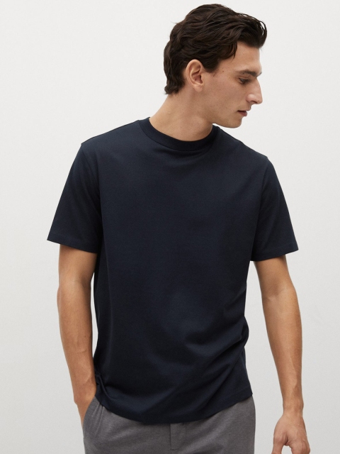

MANGO MAN Navy Blue Solid Sustainable Cotton Round Neck T-shirt