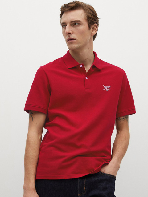 

MANGO MAN Red Solid Polo Collar Organic Cotton T-shirt