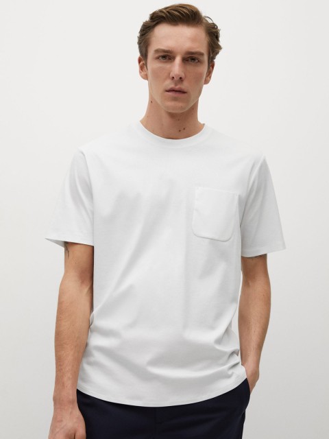 

MANGO MAN Men White Solid Cotton Round Neck T-shirt