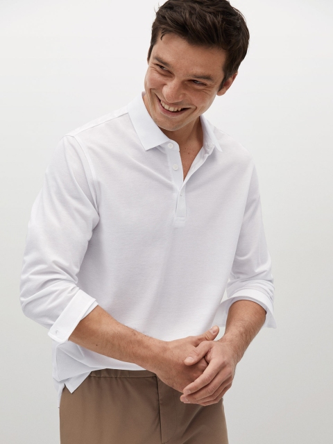 

MANGO MAN White Solid Polo Collar Long Sleeves T-shirt