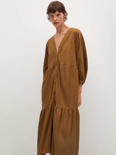 

MANGO Women Brown Solid Sustainable Tiered A-Line Dress