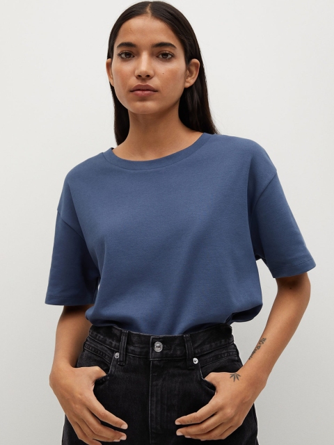 

MANGO Women Blue Solid Round Neck Organic Cotton Sustainable Relaxed Fit T-shirt