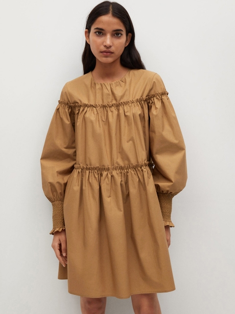 

MANGO Women Brown Solid Smocked A-Line Tiered Sustainable Dress