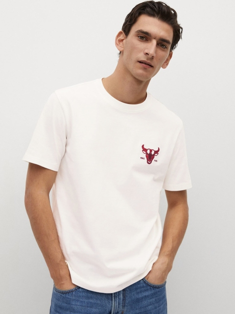 

MANGO MAN White Solid Round Neck Organic Cotton Sustainable T-shirt
