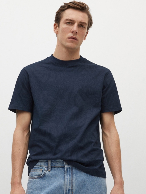 

MANGO MAN Navy Blue Tropical Printed Round Neck Organic Cotton Sustainable T-shirt