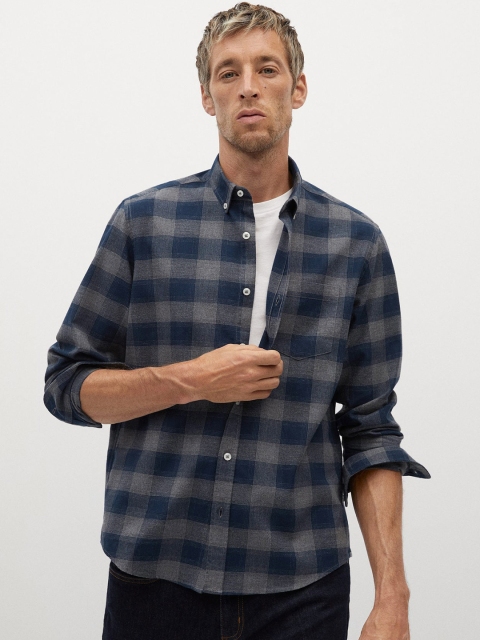

MANGO MAN Blue & Grey Melange Regular Fit Checked Cotton Casual Sustainable Shirt