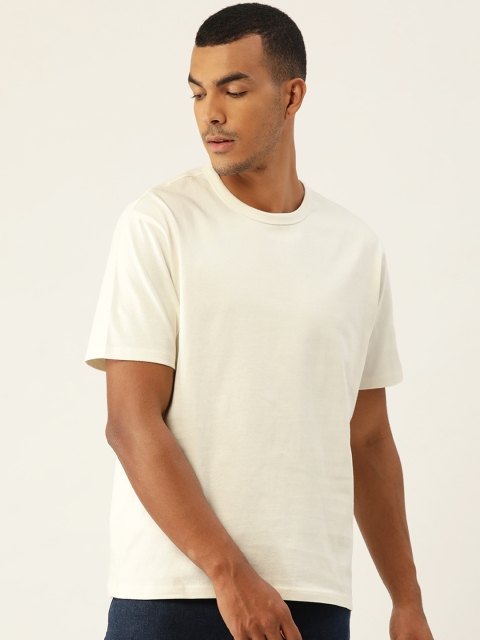 

MANGO MAN Men Off-White Solid Sustainable Pure Cotton Round Neck T-shirt