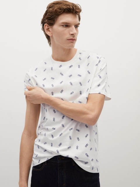 

MANGO MAN White & Navy Blue Organic Cotton Sustainable Printed Round Neck T-shirt