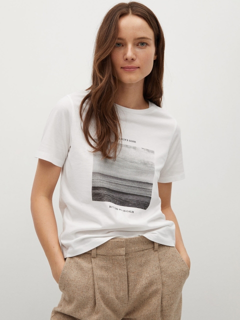 

MANGO Women Off-White & Grey Organic Cotton Printed Round Neck T-shirt