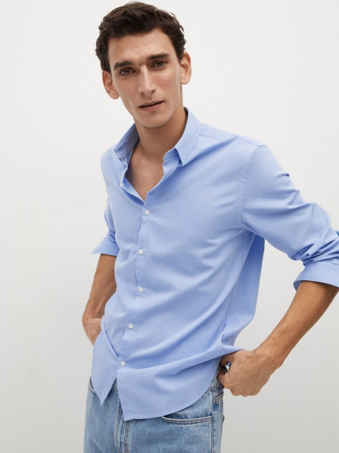 

MANGO MAN Men Blue Slim Fit Solid Cotton Casual Shirt