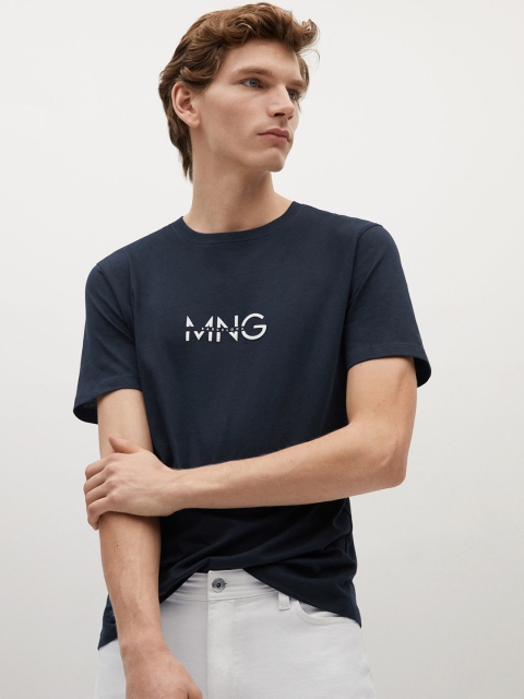 

MANGO MAN Navy Blue & White Printed Round Neck Organic Cotton Sustainable T-shirt