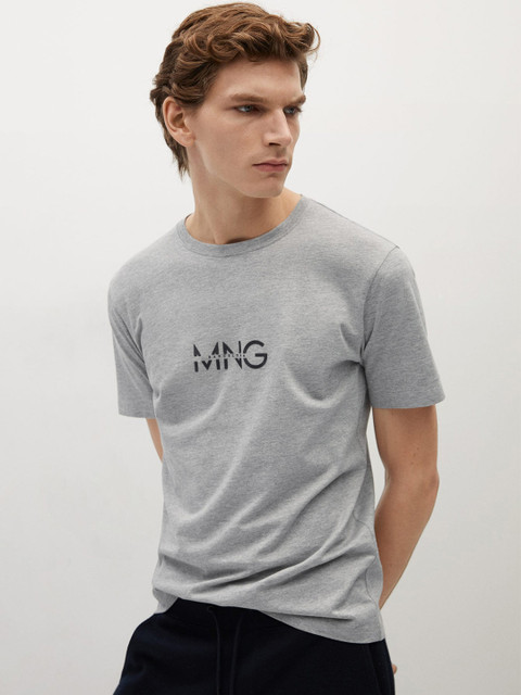 

MANGO MAN Men Grey Brand Logo Print Round Neck T-shirt
