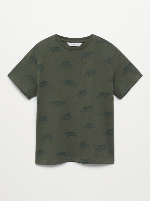 

Mango Kids Boys Olive Green Tiger Print Organic Cotton Round Neck Sustainable T-shirt