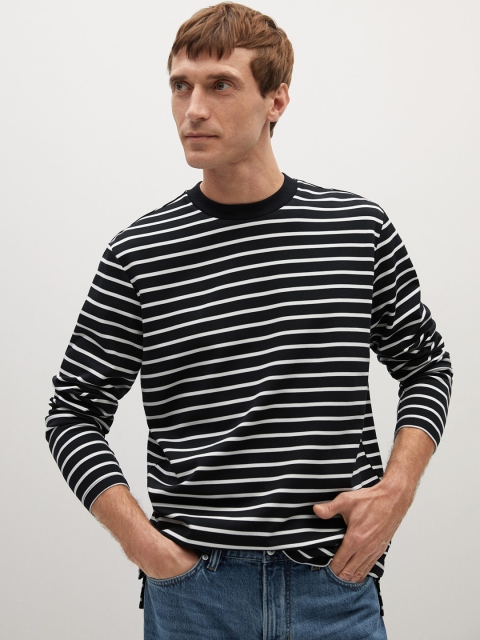 

MANGO MAN Black and White Striped Round Neck T-shirt