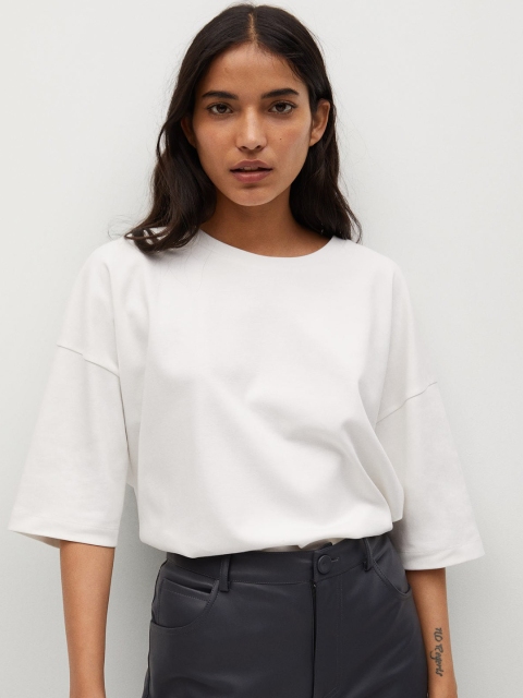 

MANGO Women White Solid Relaxed Fit Organic Cotton Drop Shoulder T-shirt