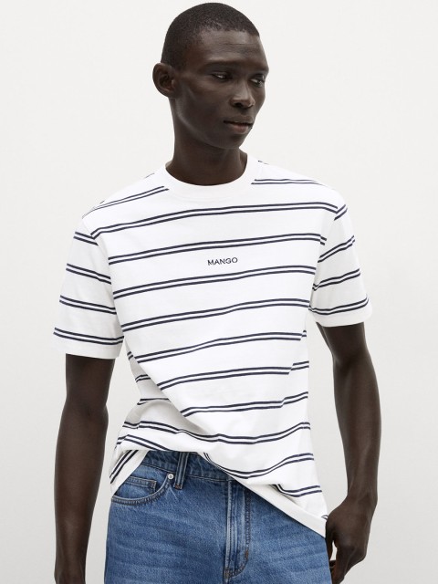 

MANGO MAN White and Navy Blue Organic Cotton Striped Round Neck T-shirt