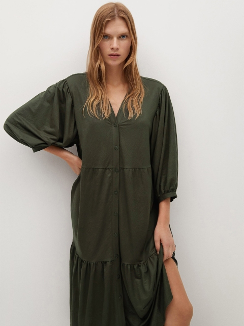 

MANGO Women Olive Green Solid Sustainable Tiered A-Line Dress