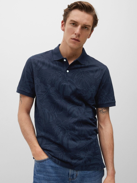 

MANGO MAN Navy Blue Tropical Printed Polo Collar Organic Cotton Sustainable T-shirt