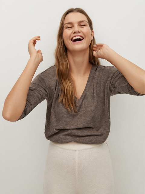 MANGO Women Coffee Brown Solid V-Neck Sustainable T-shirt with Melange Effect