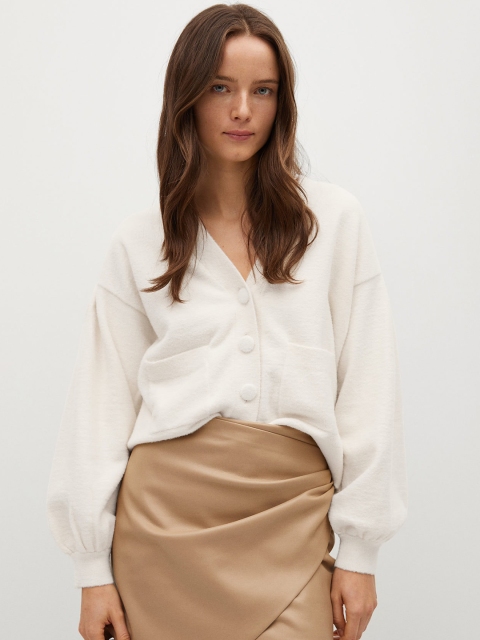 

MANGO Women Off-White Solid Cardigan