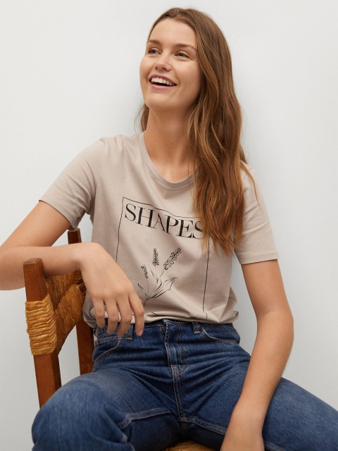 

MANGO Women Beige & Black Organic Cotton Printed Round Neck T-shirt